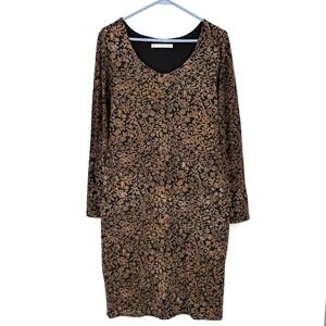 Peruvian Connection Black Gold Floral Pima Cotton Sheath Dress Long Sleeve Midi